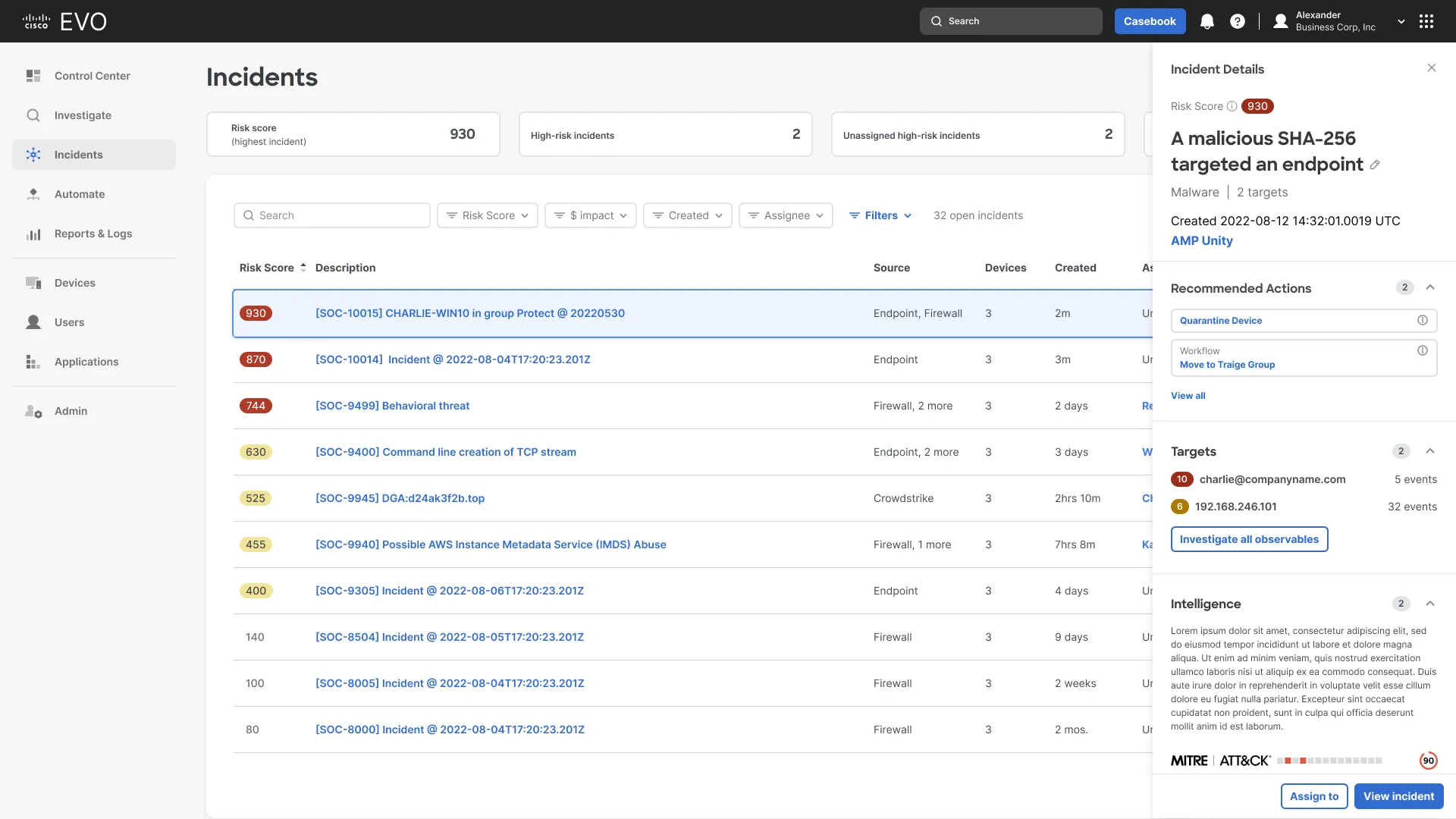 The incident list with the quick-view drawer open, showing the selected incident’s risk score, recommended actions, targets and intelligence
