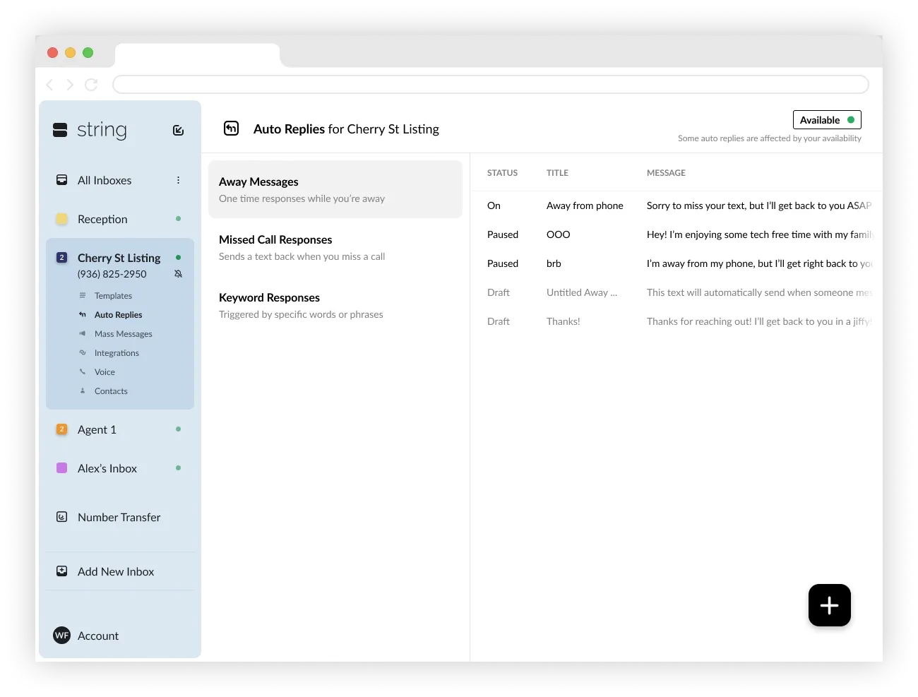 Auto Replies screen listing Away Messages, Missed Call Responses and Keyword Responses, each with a short description, next to a table of existing replies