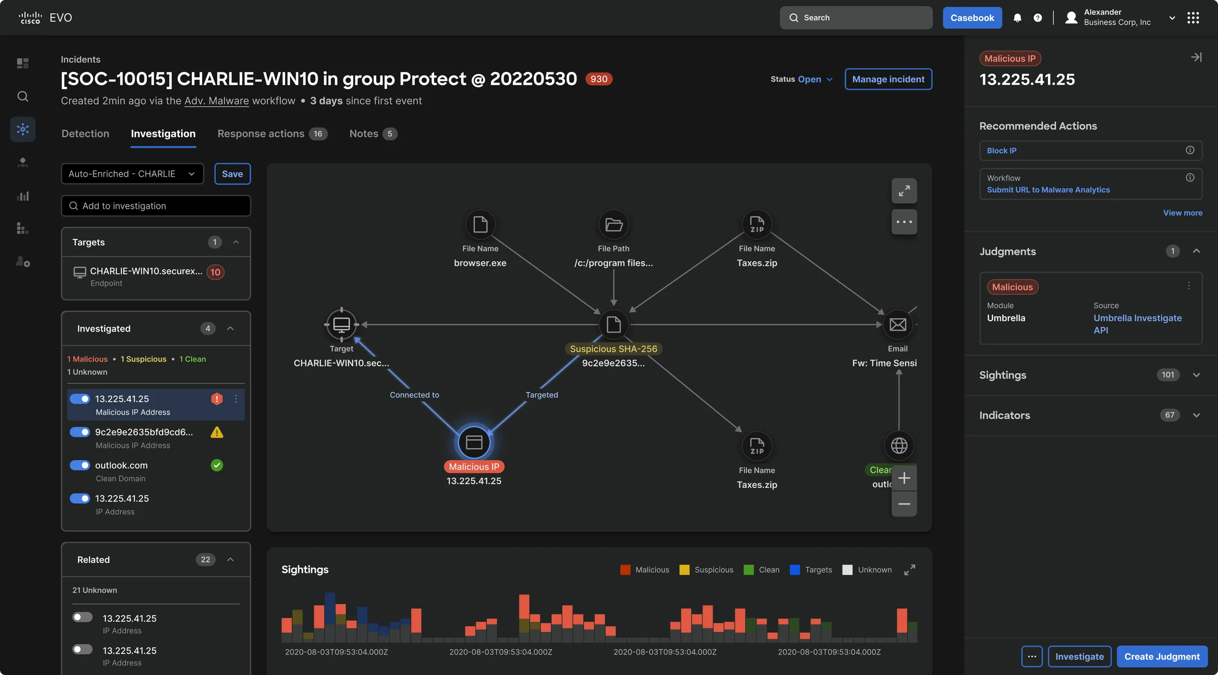 Dark-mode incident investigation screen with a graph of related targets, observables and recommended actions