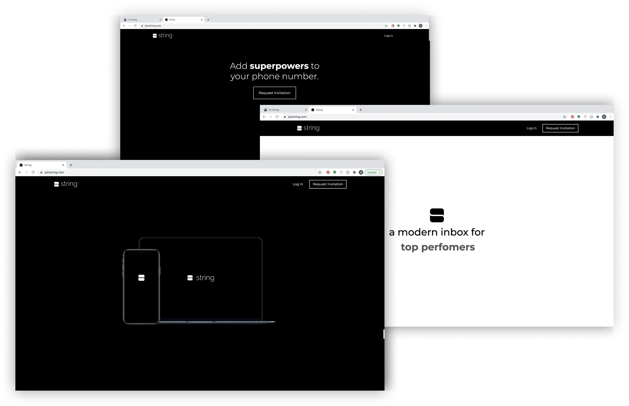 Three versions of the String marketing site: “Add superpowers to your phone number,” “a modern inbox for top performers,” and a phone and laptop showing the String logo